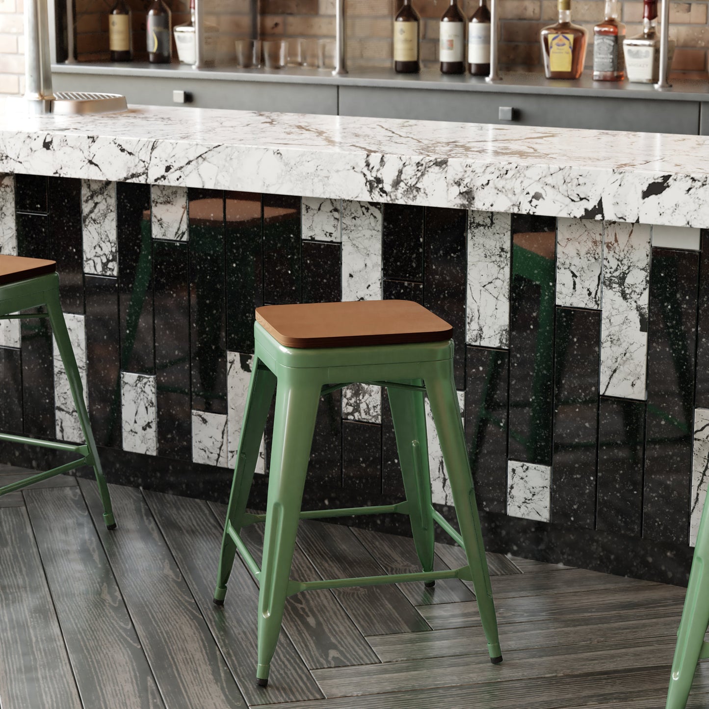 24" Green Stool-Teak Seat CH-31320-24-GN-PL2T-GG