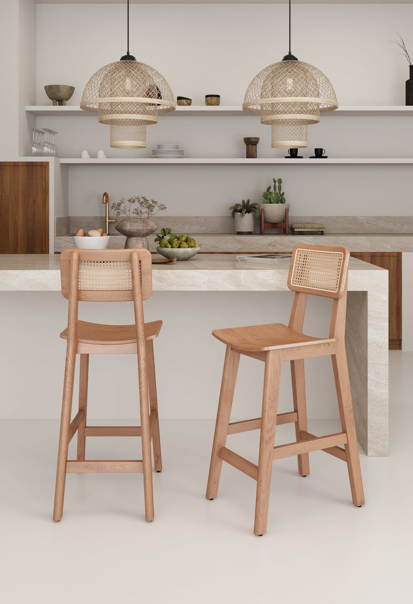 Manhattan Comfort Versailles Counter Stool in Black and Natural Cane - Set of 2