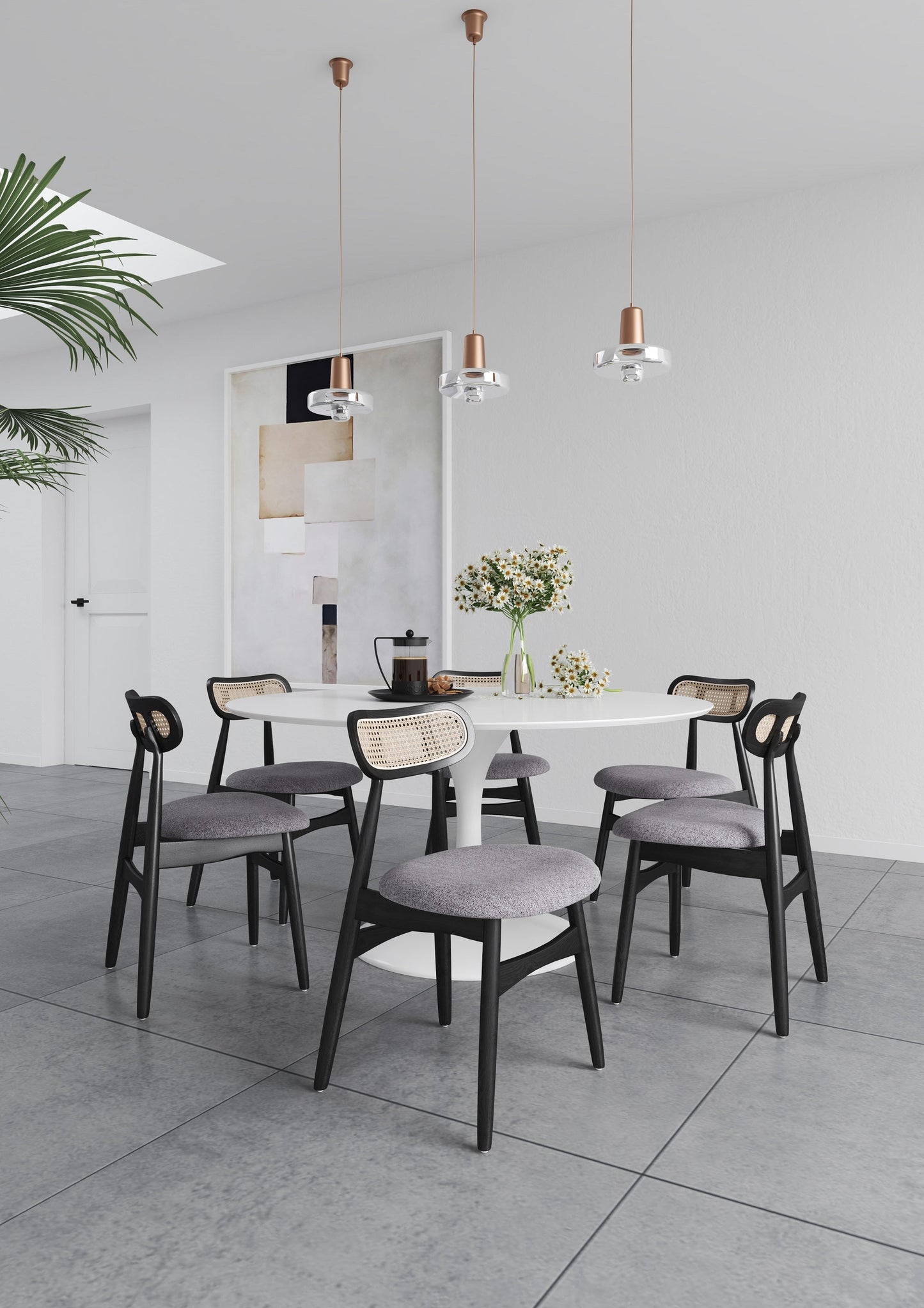 Manhattan Comfort Colbert Dining Chair in Black and Cane with Grey Upholstered Seating - Set of 2 DCCA02-GY