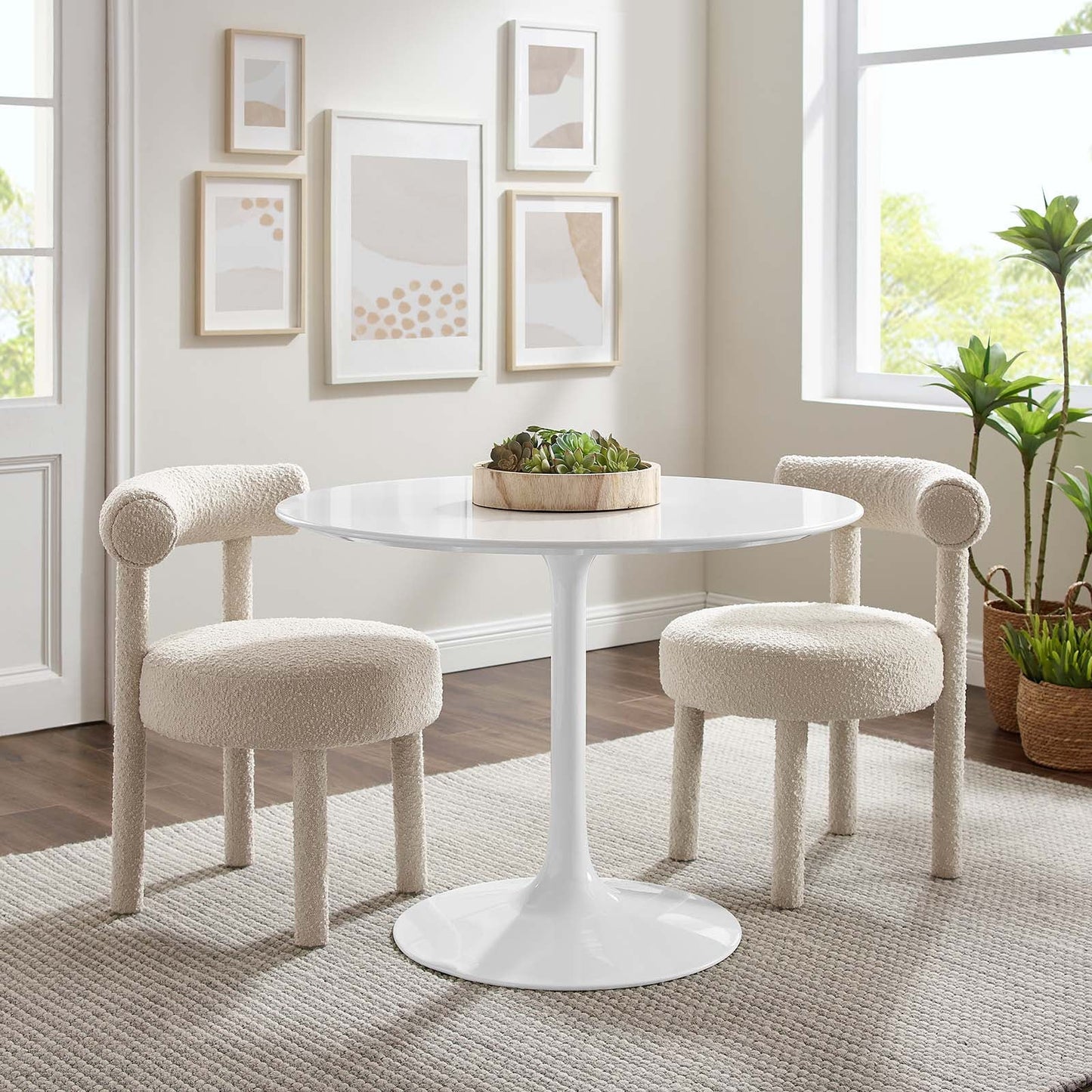 Lippa Round Dining Table with Wood and Marble Top in White