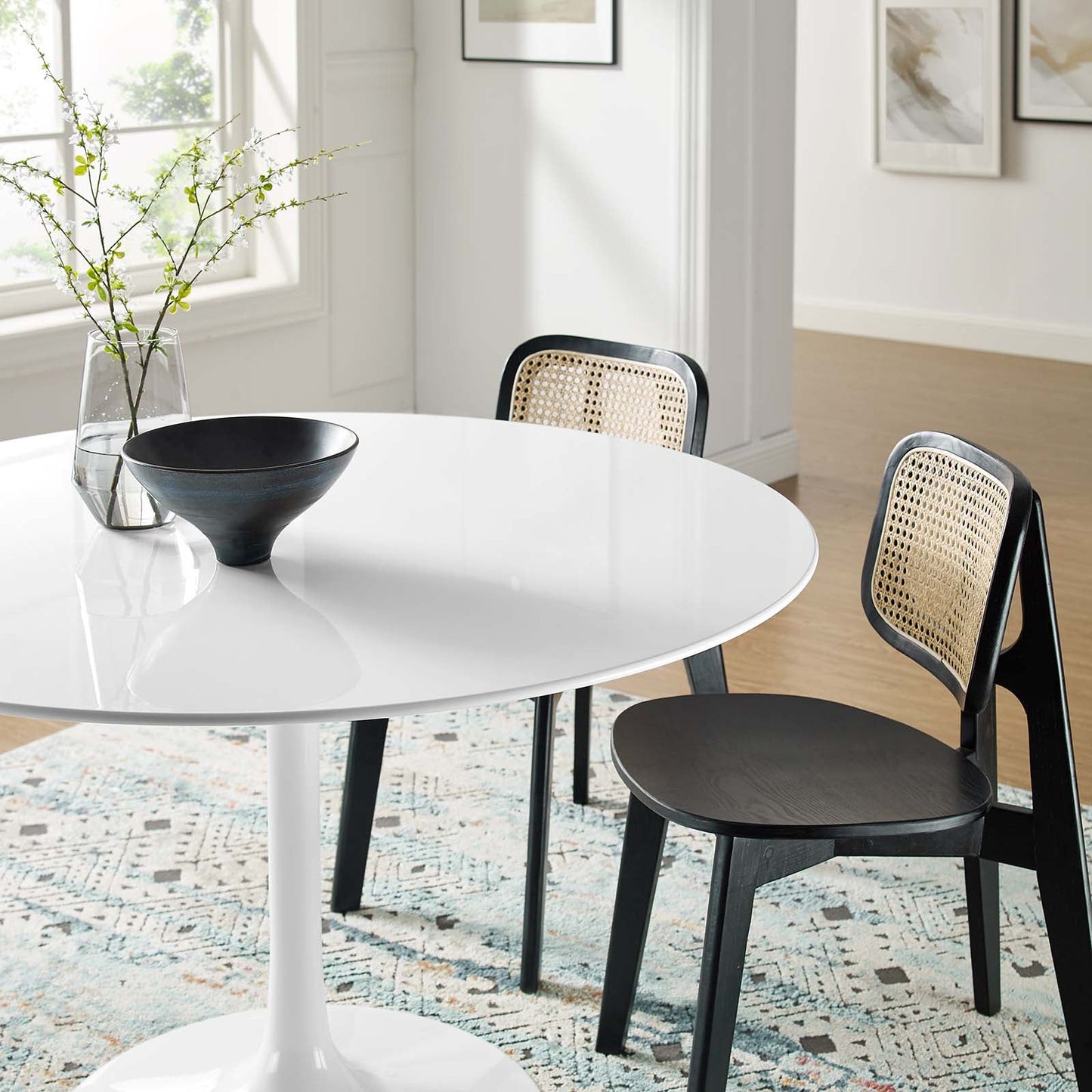 Lippa Round Dining Table with Wood and Marble Top in White
