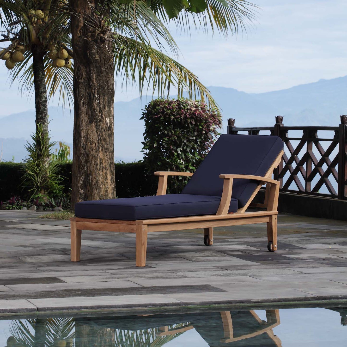 Marina Outdoor Patio Teak Single Chaise Natural Navy EEI-1151-NAT-NAV-SET