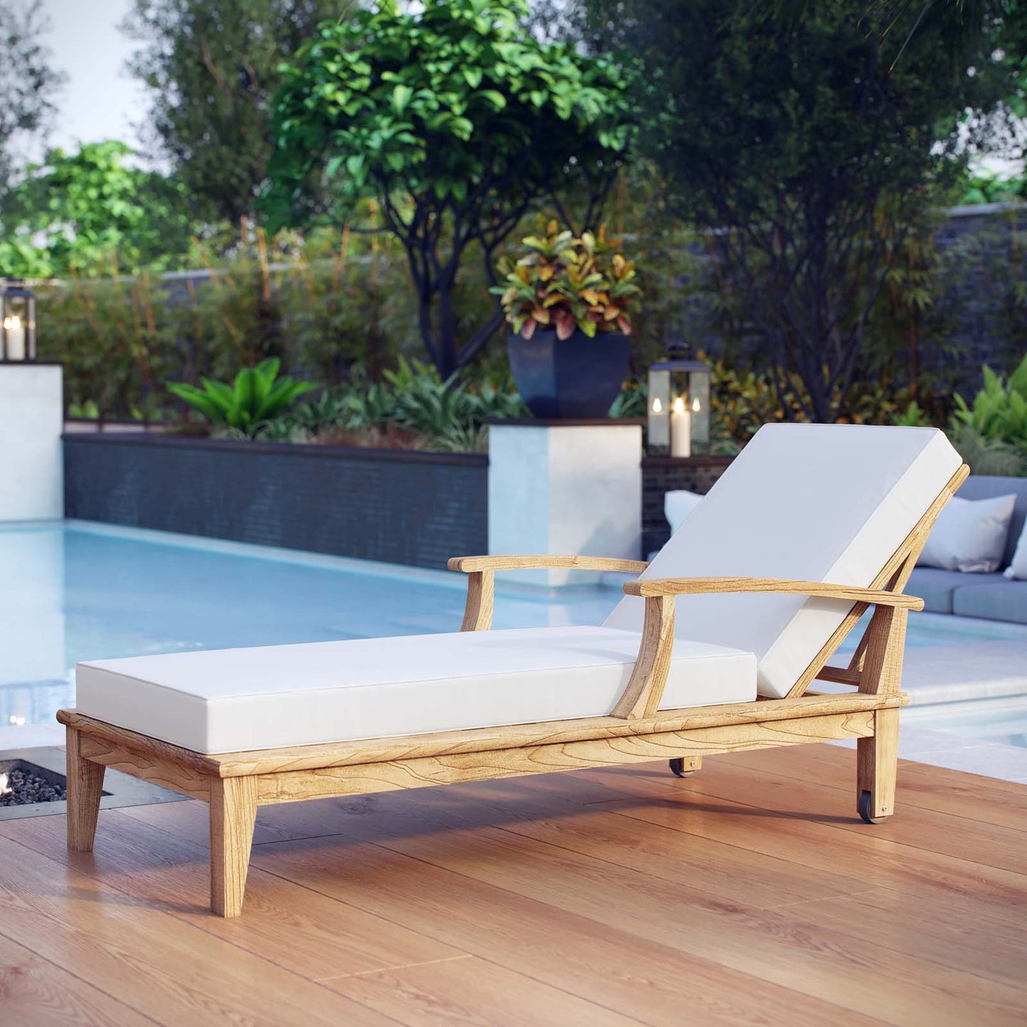 Marina Outdoor Patio Teak Single Chaise Natural White EEI-1151-NAT-WHI-SET