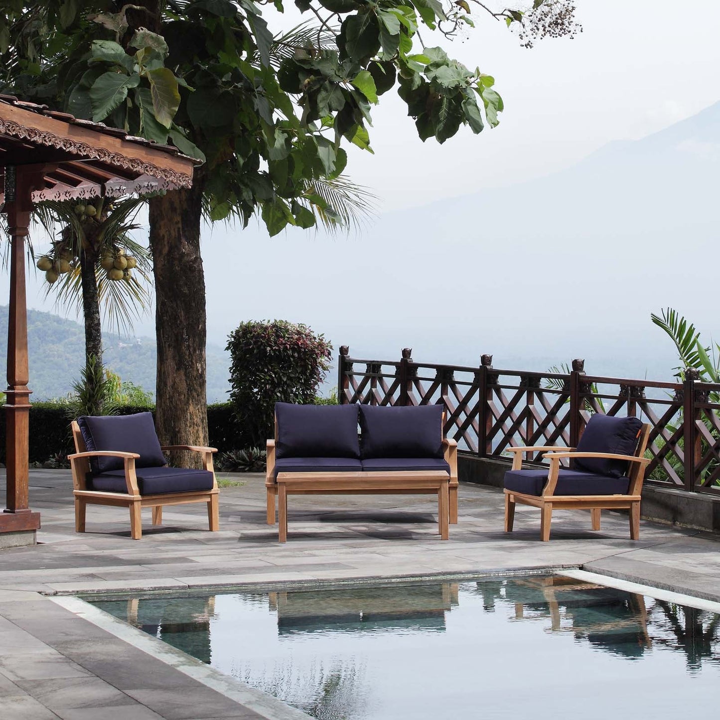 Marina 4 Piece Outdoor Patio Teak Set by Modway EEI-1469-NAT-NAV-SET