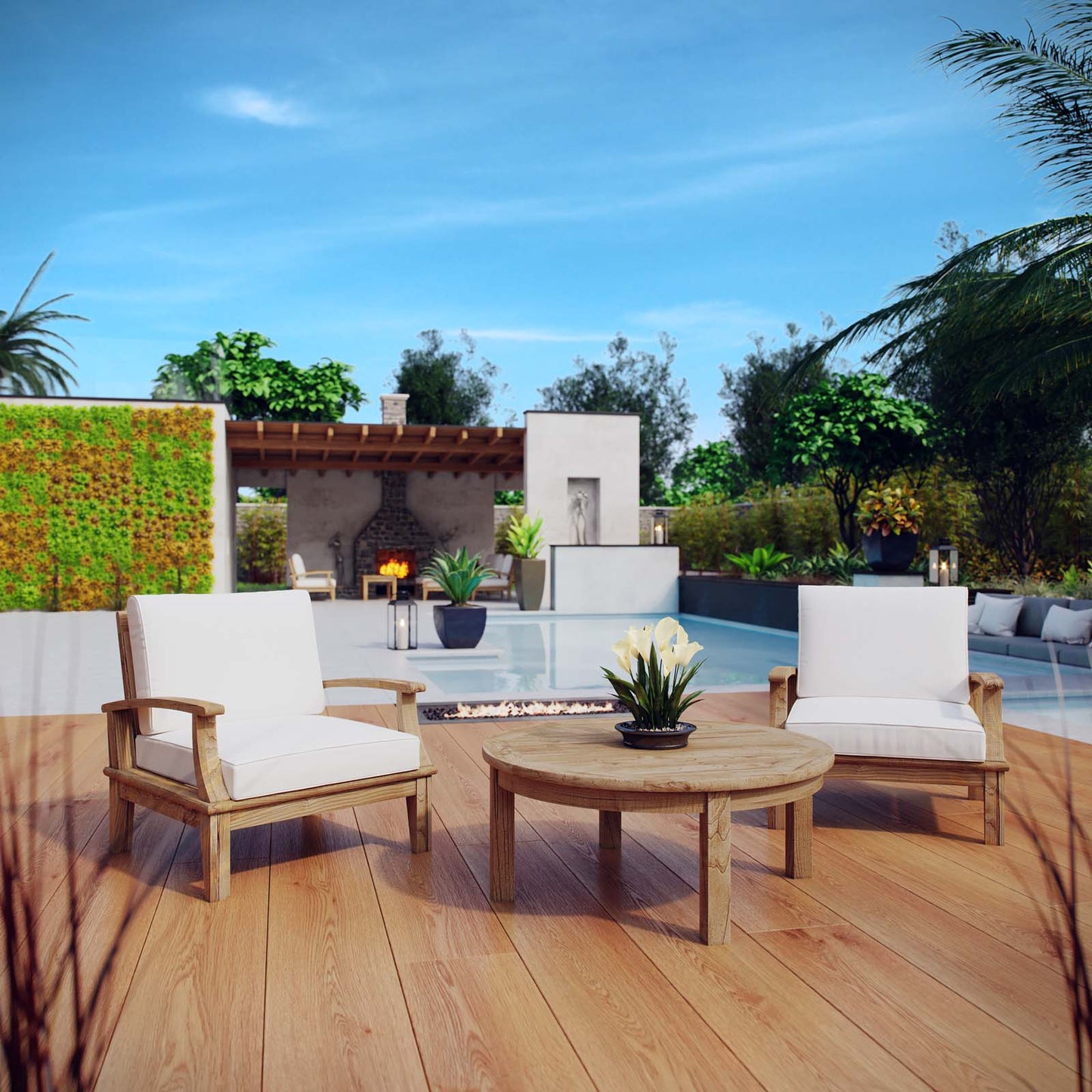 Marina 3 Piece Outdoor Patio Teak Set Natural White EEI-1475-NAT-WHI-SET