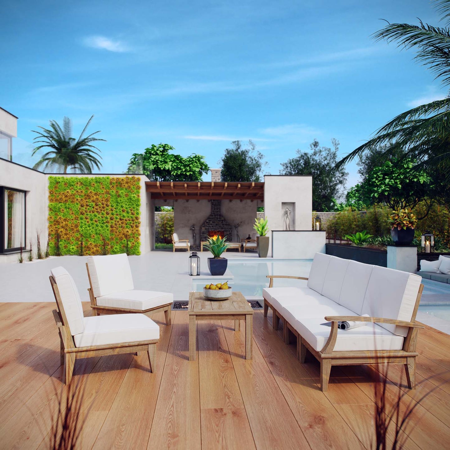 Marina 7 Piece Outdoor Patio Teak Set Natural White EEI-1481-NAT-WHI-SET