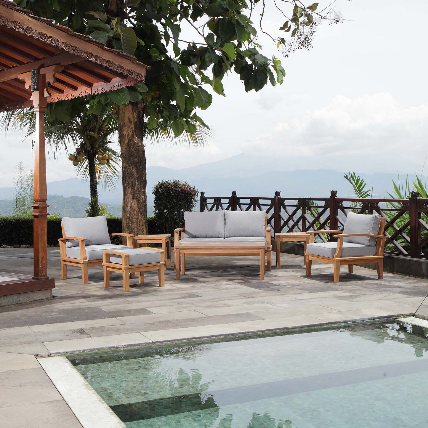 Marina 7 Piece Outdoor Patio Teak Set by Modway EEI-1486-NAT-GRY-SET