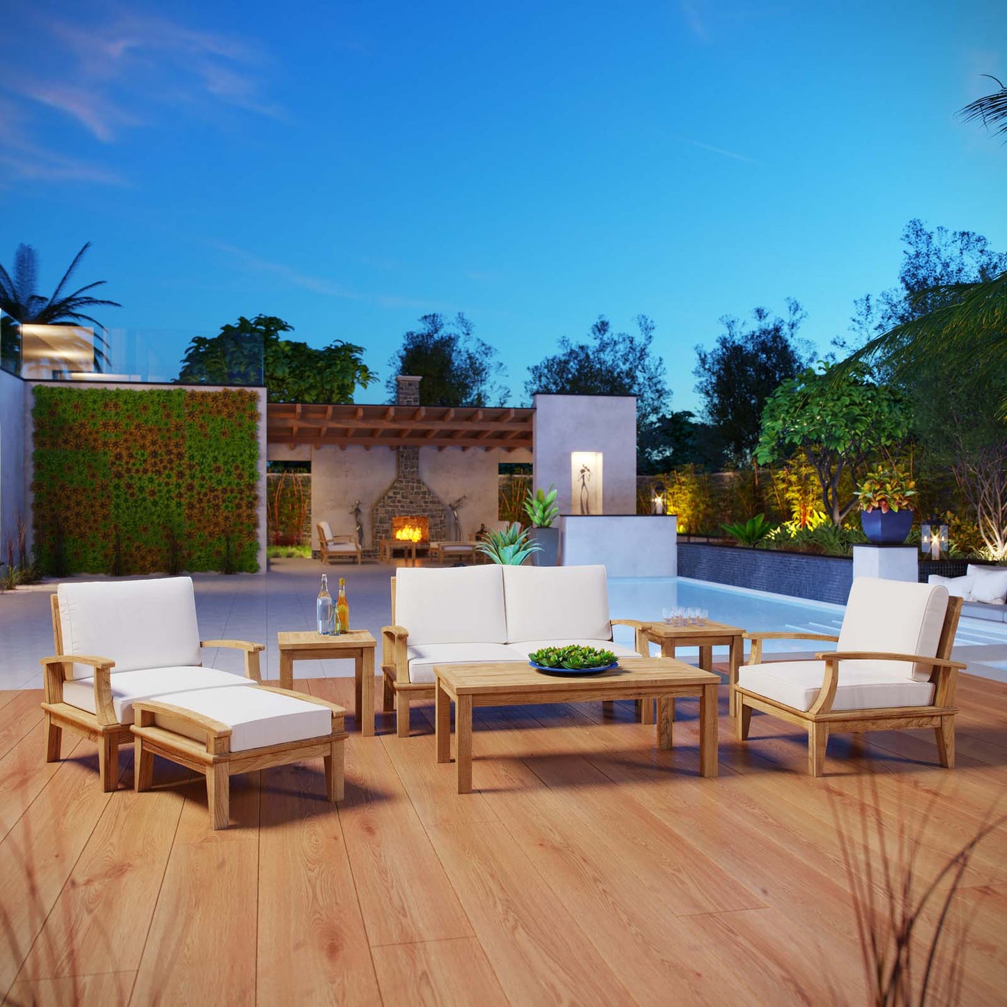 Marina 7 Piece Outdoor Patio Teak Set by Modway EEI-1486-NAT-WHI-SET