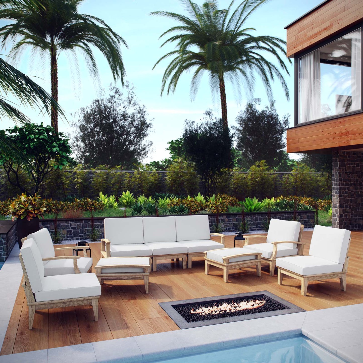 Marina 9 Piece Outdoor Patio Teak Set by Modway EEI-1488-NAT-WHI-SET