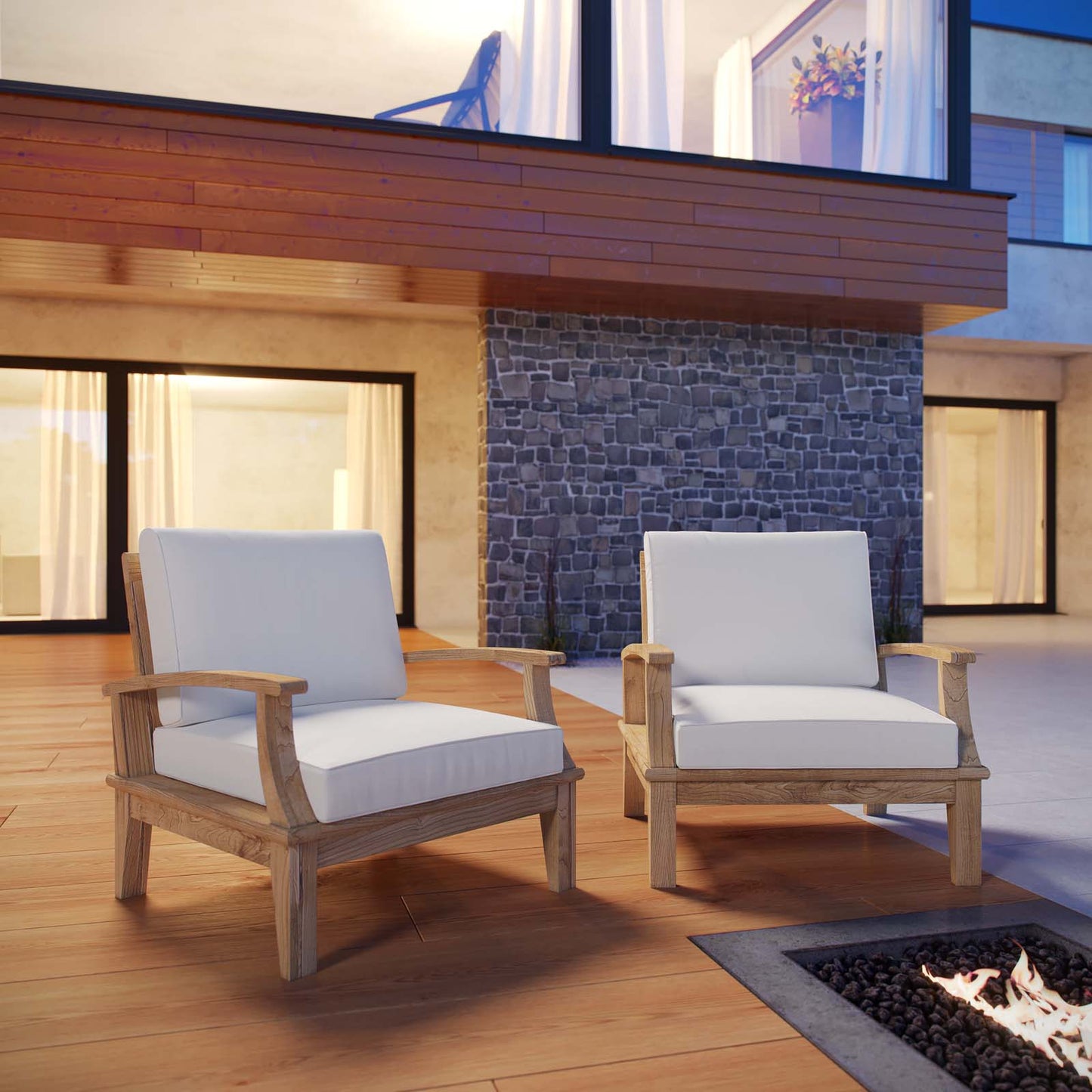 Marina 2 Piece Outdoor Patio Teak Set Natural White EEI-1819-NAT-WHI-SET