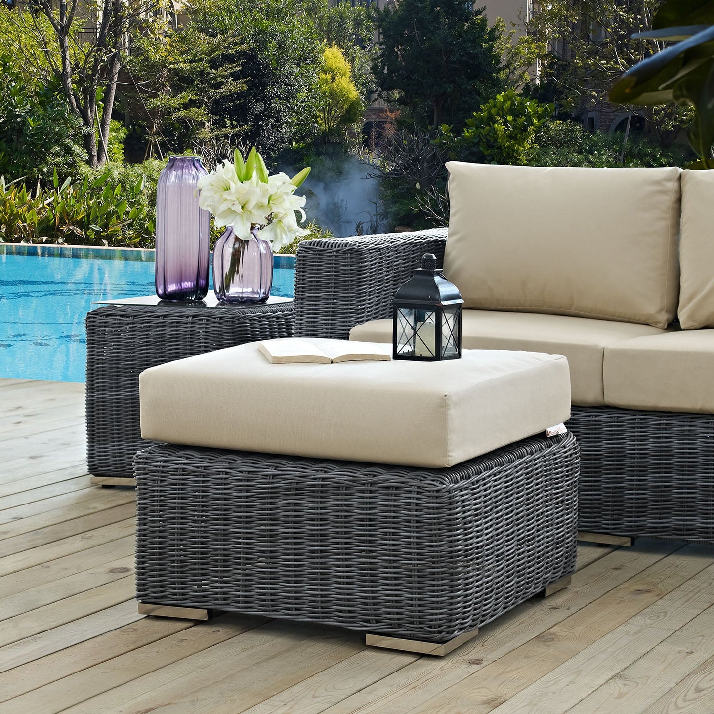 Summon Outdoor Patio Sunbrella® Ottoman Canvas Antique Beige EEI-1869-GRY-BEI