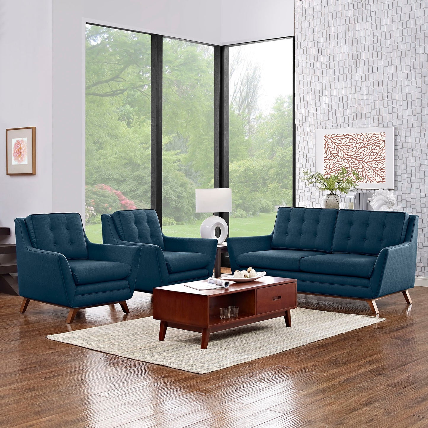 Beguile 3 Piece Upholstered Fabric Living Room Set Azure EEI-2141-AZU-SET