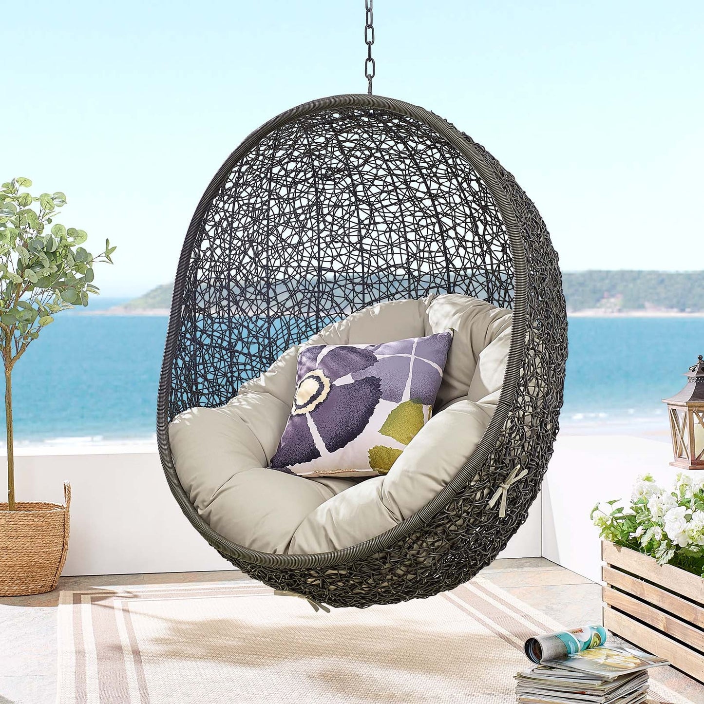 Hide Outdoor Patio Swing Chair With Stand Gray Beige EEI-2273-GRY-BEI