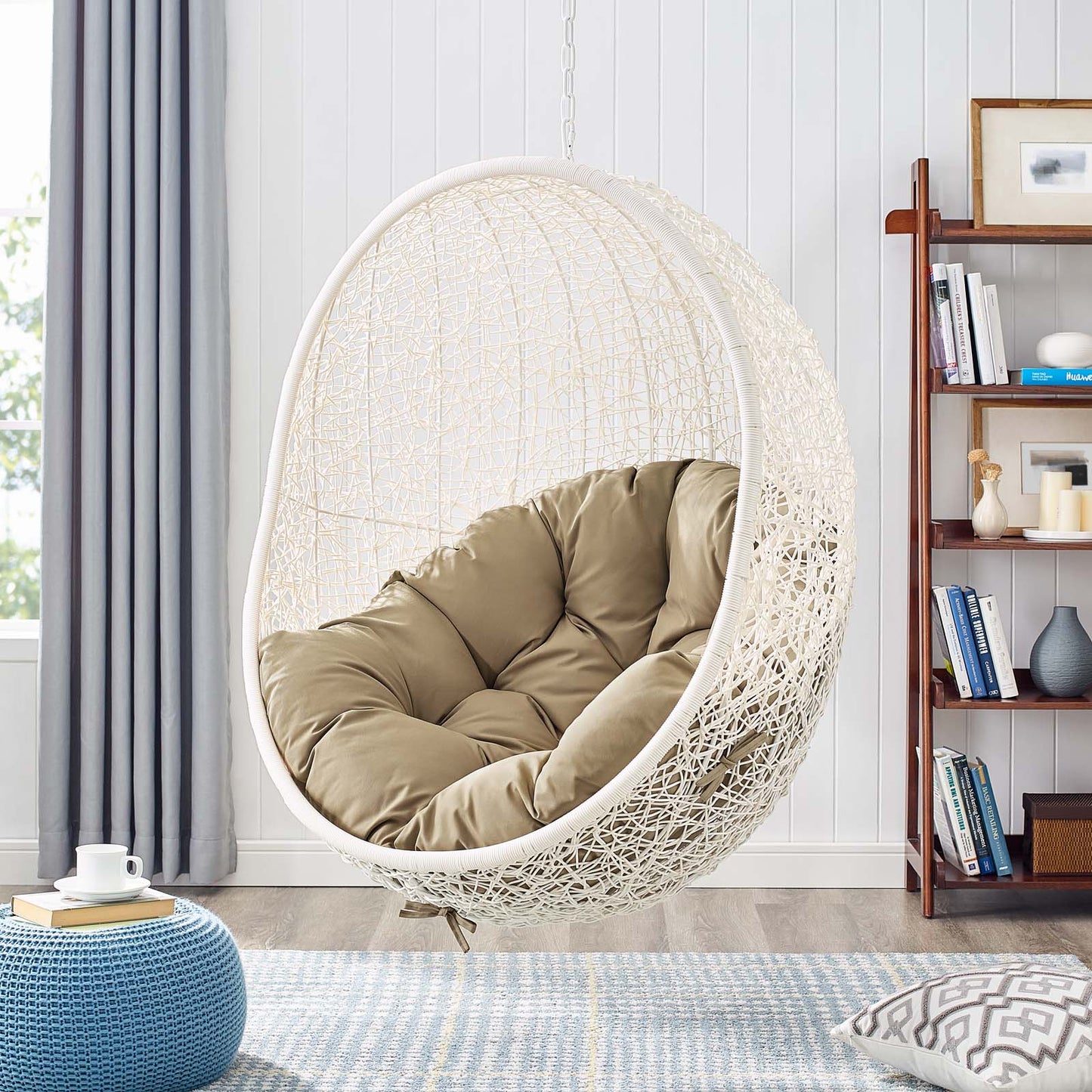 Hide Outdoor Patio Swing Chair With Stand White Mocha EEI-2273-WHI-MOC