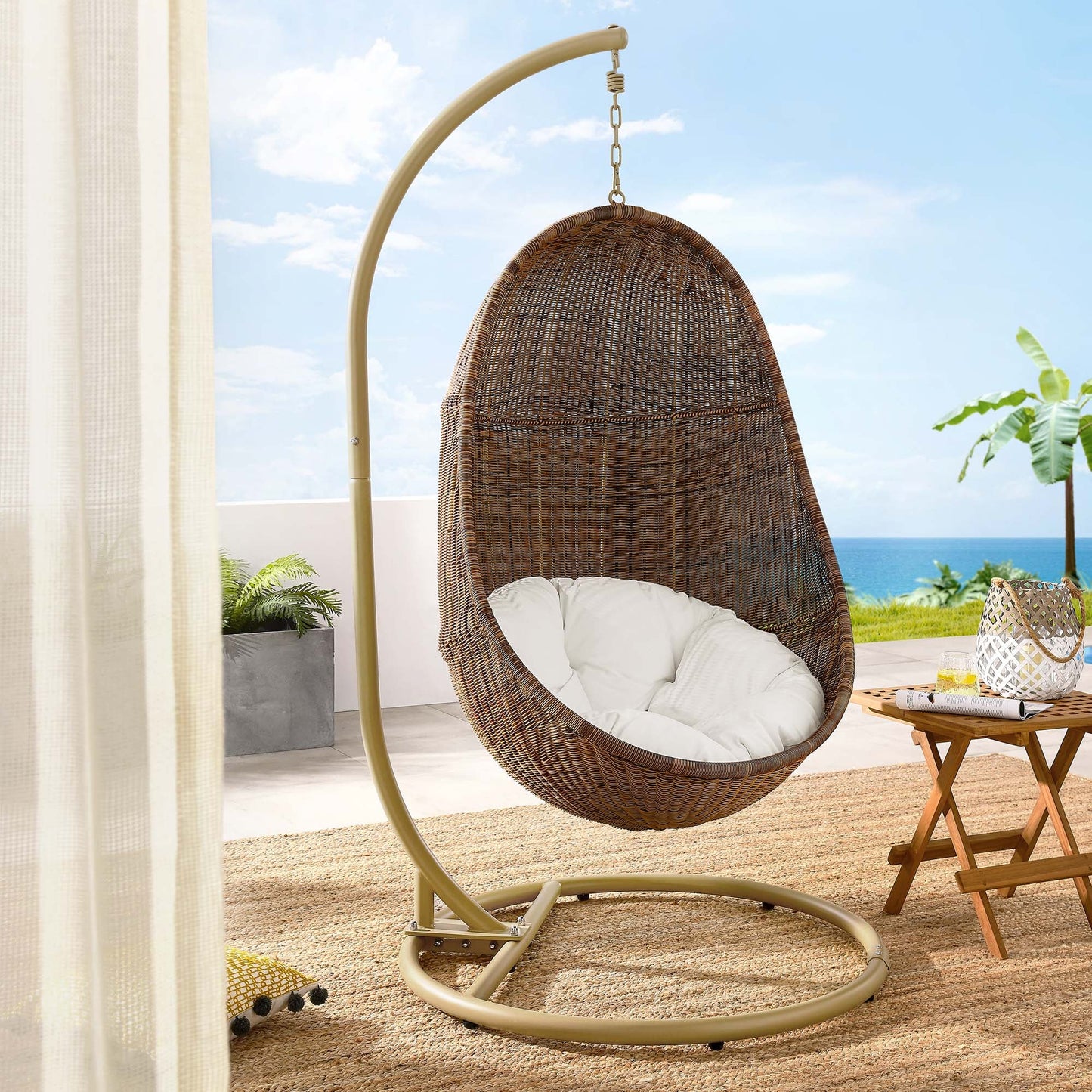 Bean Outdoor Patio Wood Swing Chair With Stand by Modway EEI-2277-YLW-WHI-SET