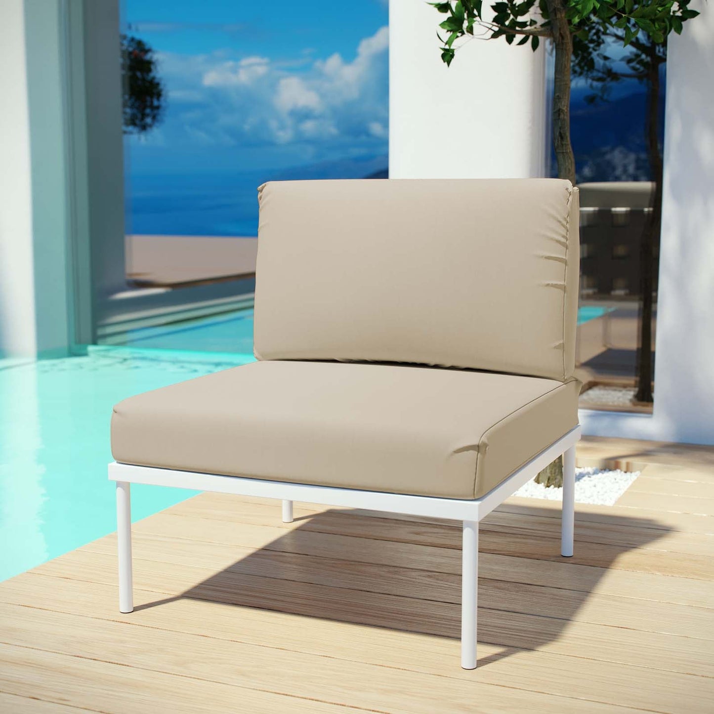 Harmony Armless Outdoor Patio Aluminum Chair White Beige EEI-2600-WHI-BEI