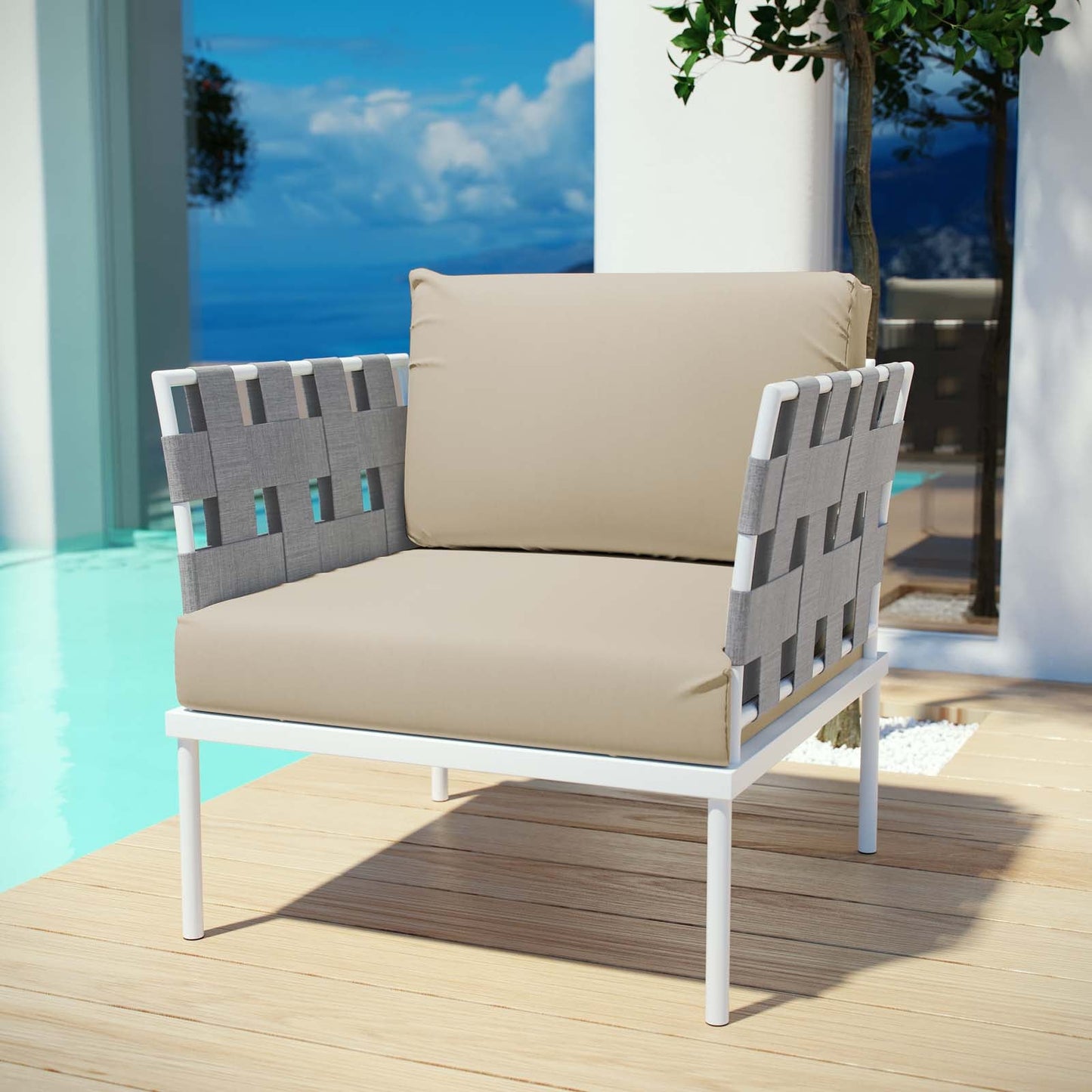 Harmony Outdoor Patio Aluminum Armchair White Beige EEI-2602-WHI-BEI