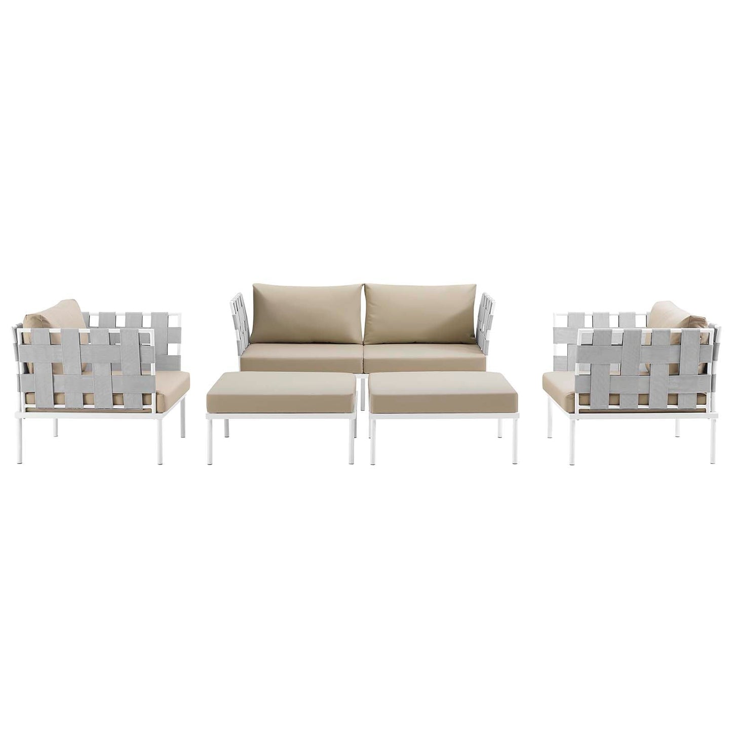 Harmony 5 Piece Outdoor Patio Aluminum Sectional Sofa Set White Beige EEI-2621-WHI-BEI-SET