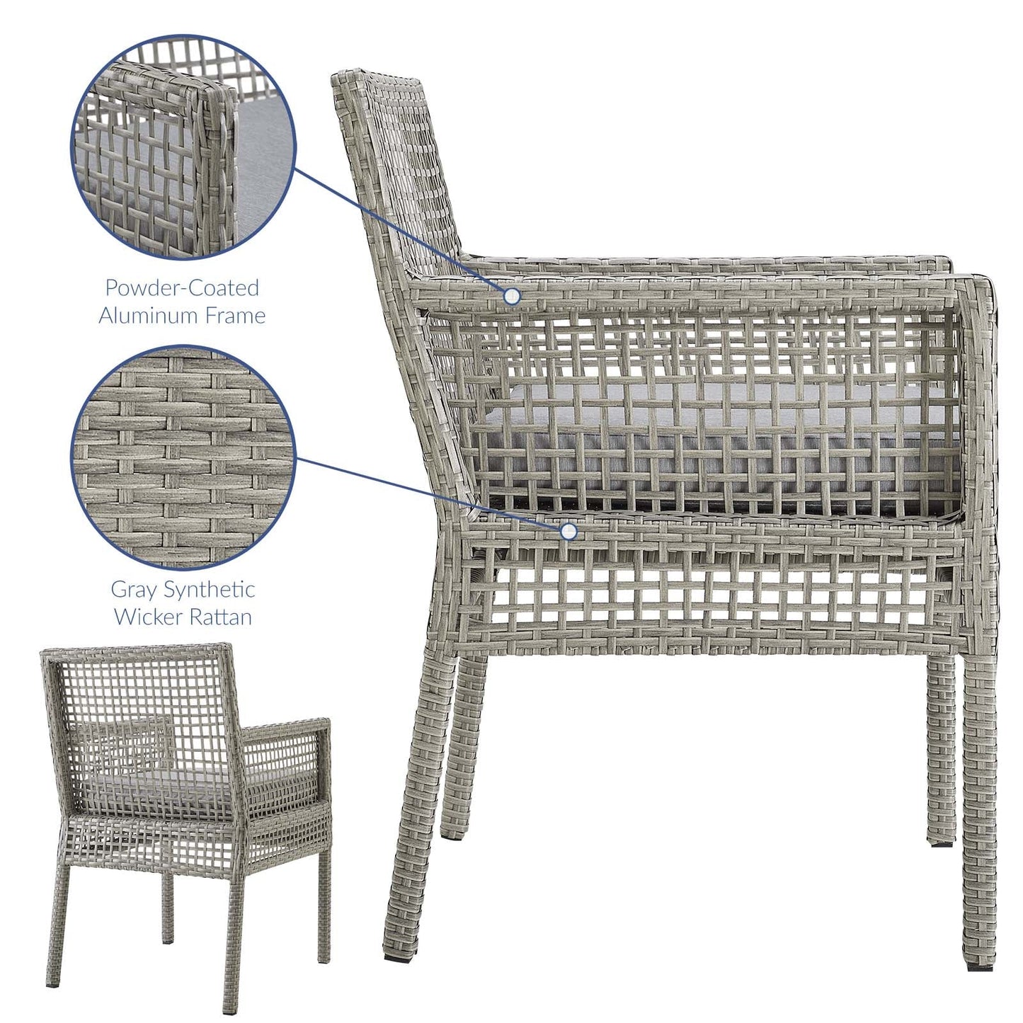 Aura Dining Armchair Outdoor Patio Wicker Rattan Set of 2 or 4 Gray
