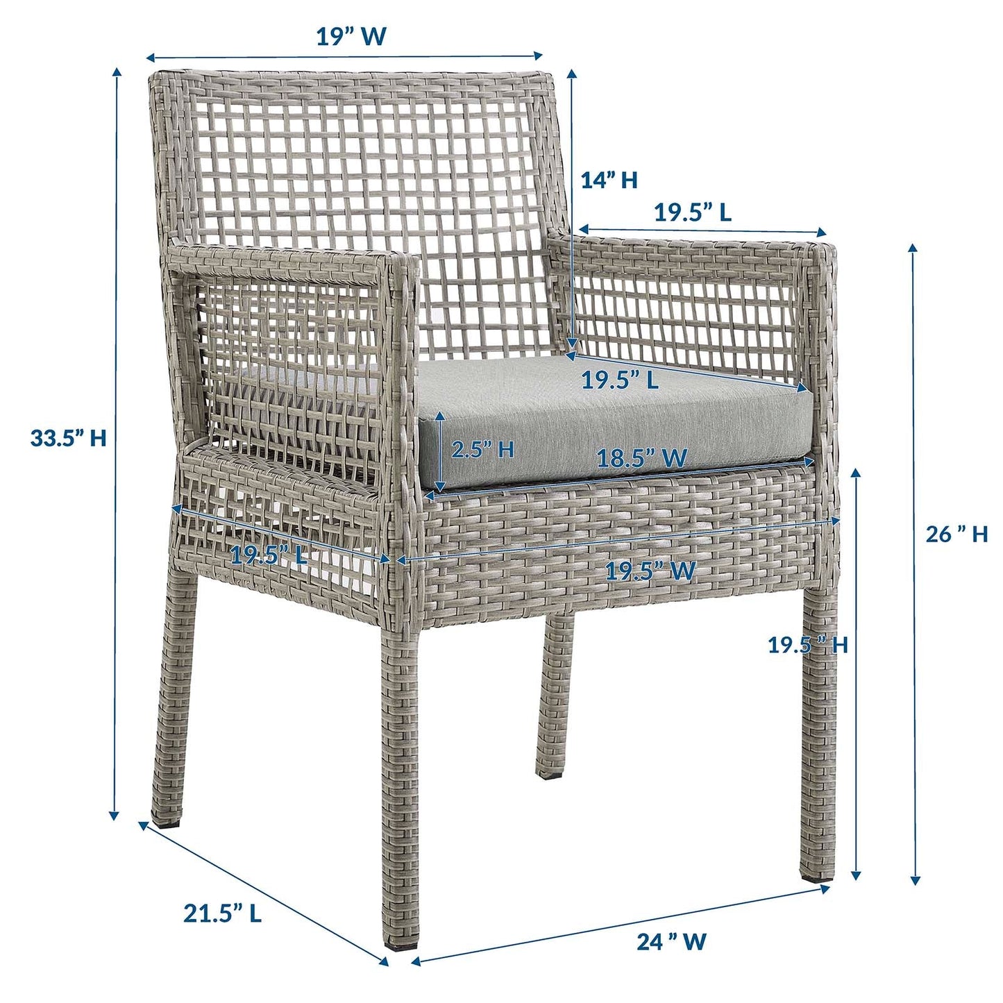 Aura Dining Armchair Outdoor Patio Wicker Rattan Set of 2 or 4 Gray
