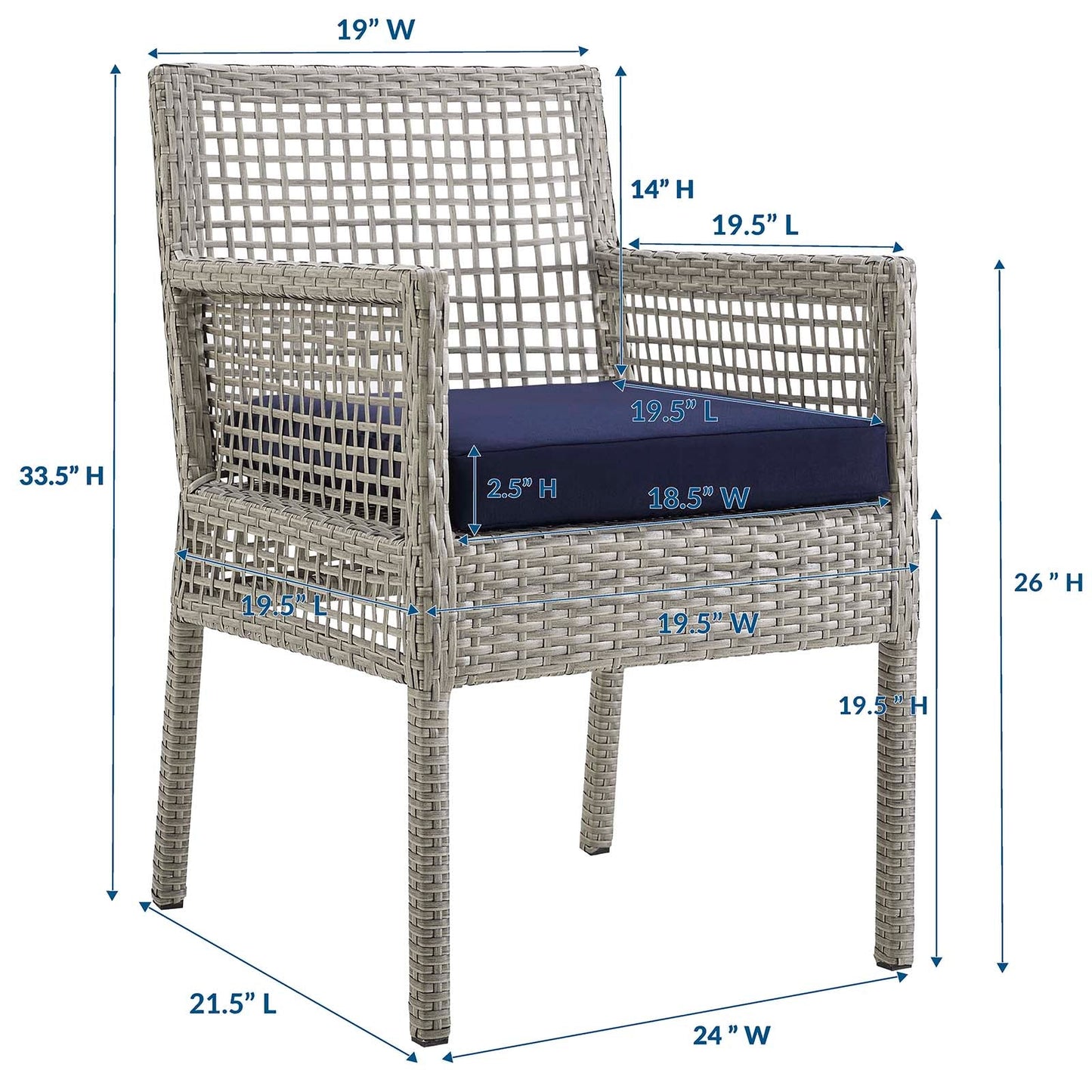 Aura Dining Armchair Outdoor Patio Wicker Rattan Set of 2 or 4 Gray