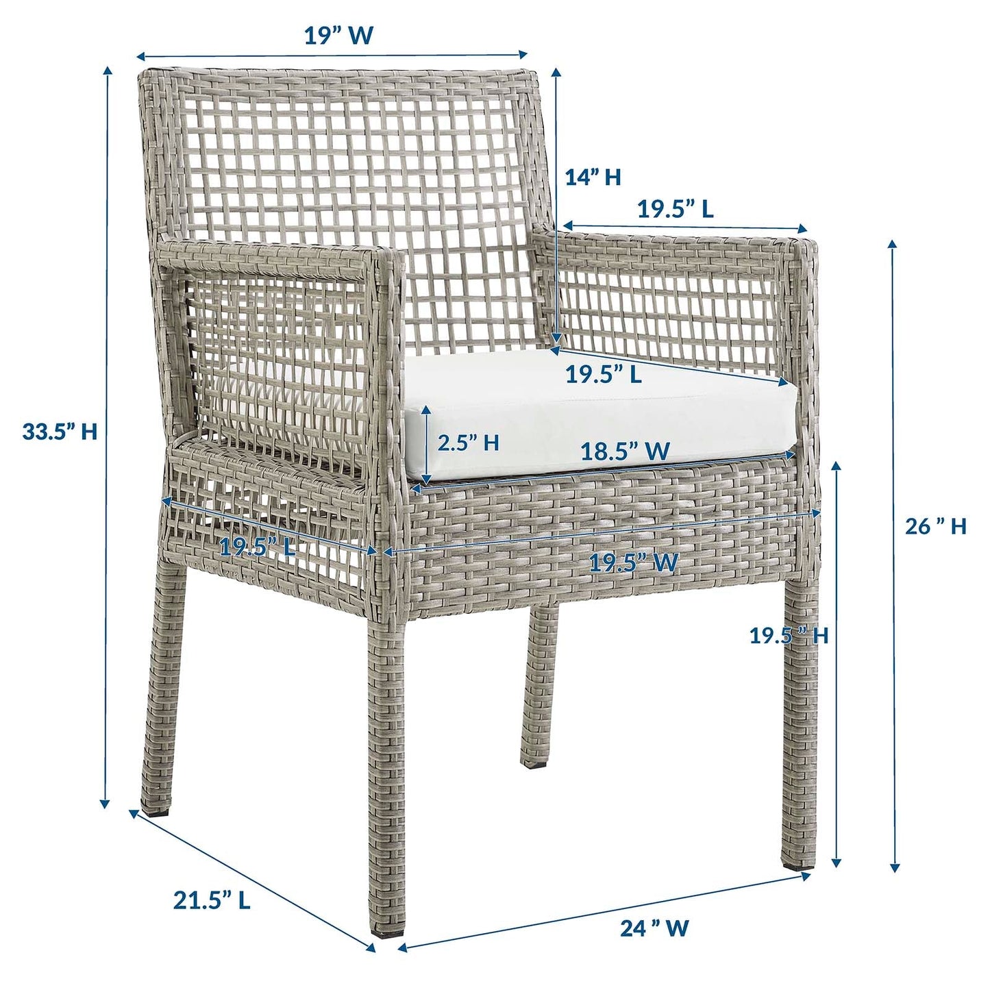 Aura Dining Armchair Outdoor Patio Wicker Rattan Set of 2 or 4 Gray
