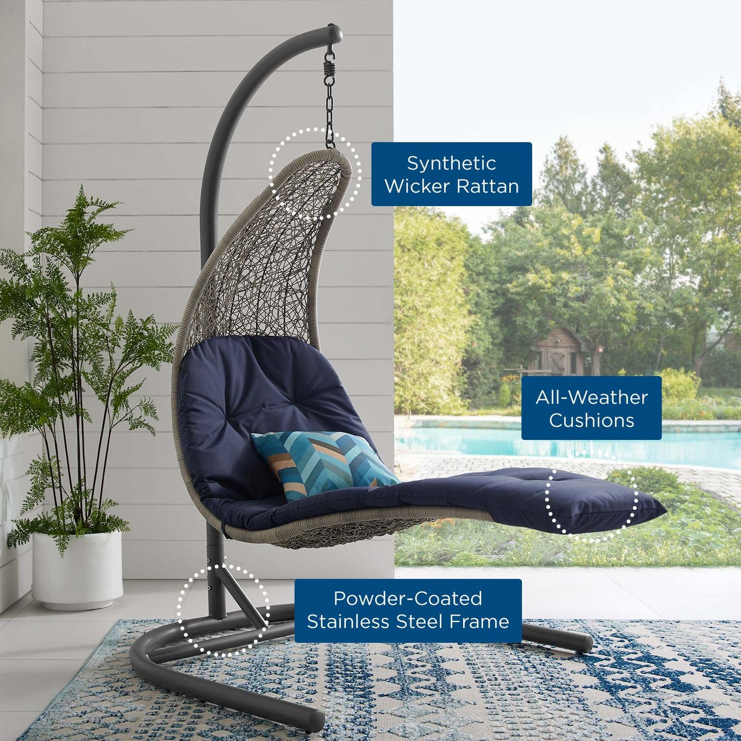 Landscape Hanging Chaise Lounge Outdoor Patio Swing Chair Light Gray Navy EEI-2952-LGR-NAV