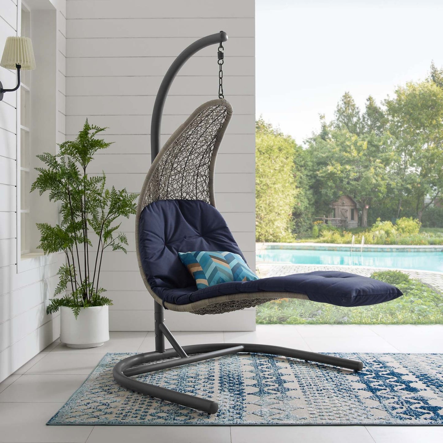 Landscape Hanging Chaise Lounge Outdoor Patio Swing Chair Light Gray Navy EEI-2952-LGR-NAV