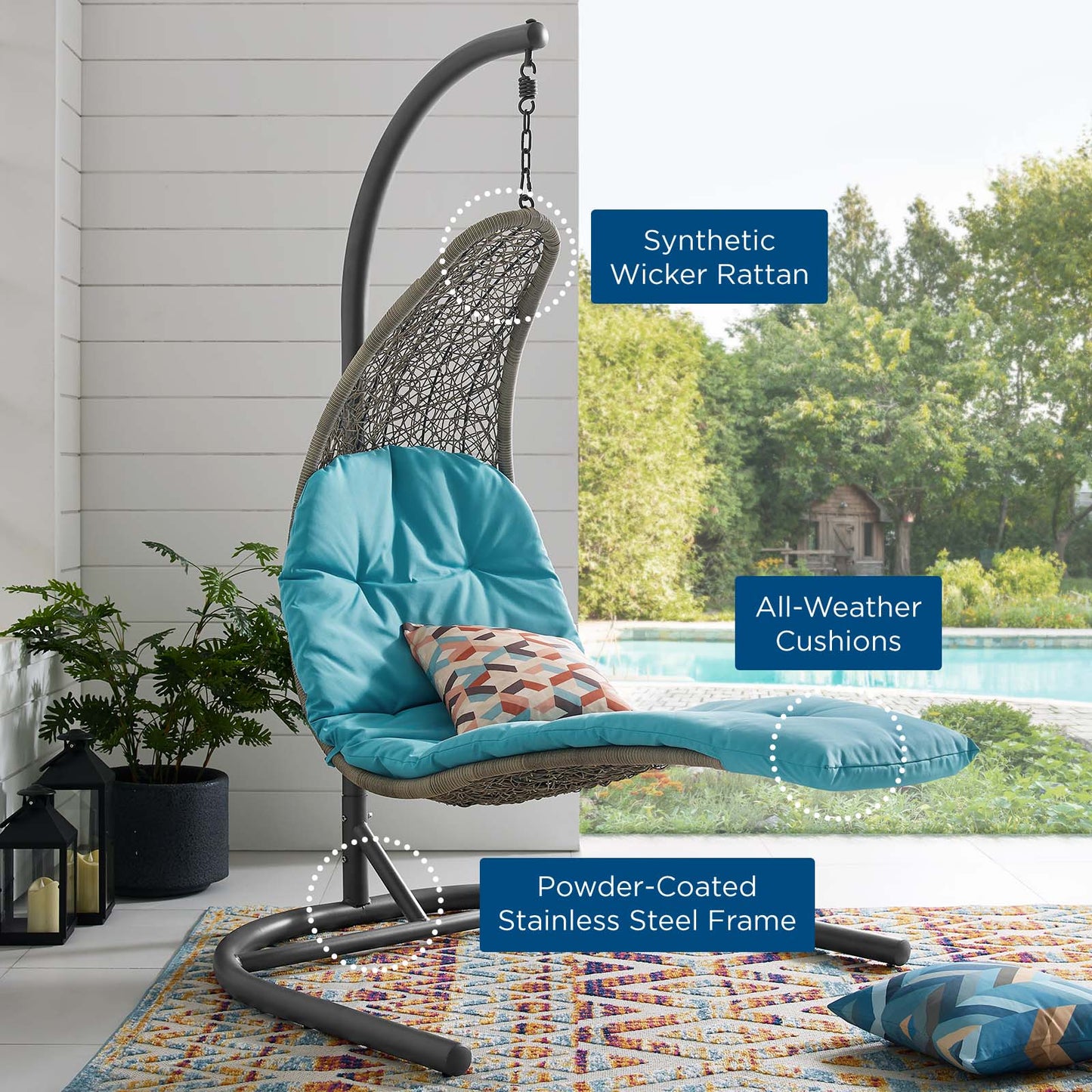Landscape Hanging Chaise Lounge Outdoor Patio Swing Chair Light Gray Turquoise EEI-2952-LGR-TRQ