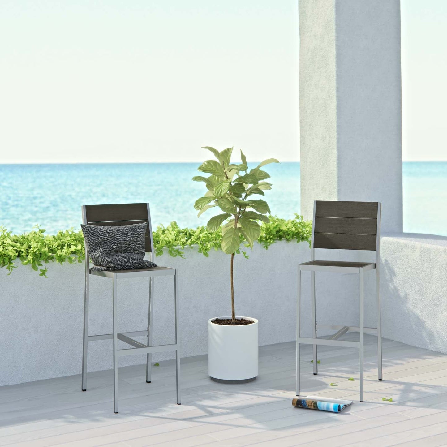 Shore Armless Bar Stool Outdoor Patio Aluminum Set of 2 Silver Gray