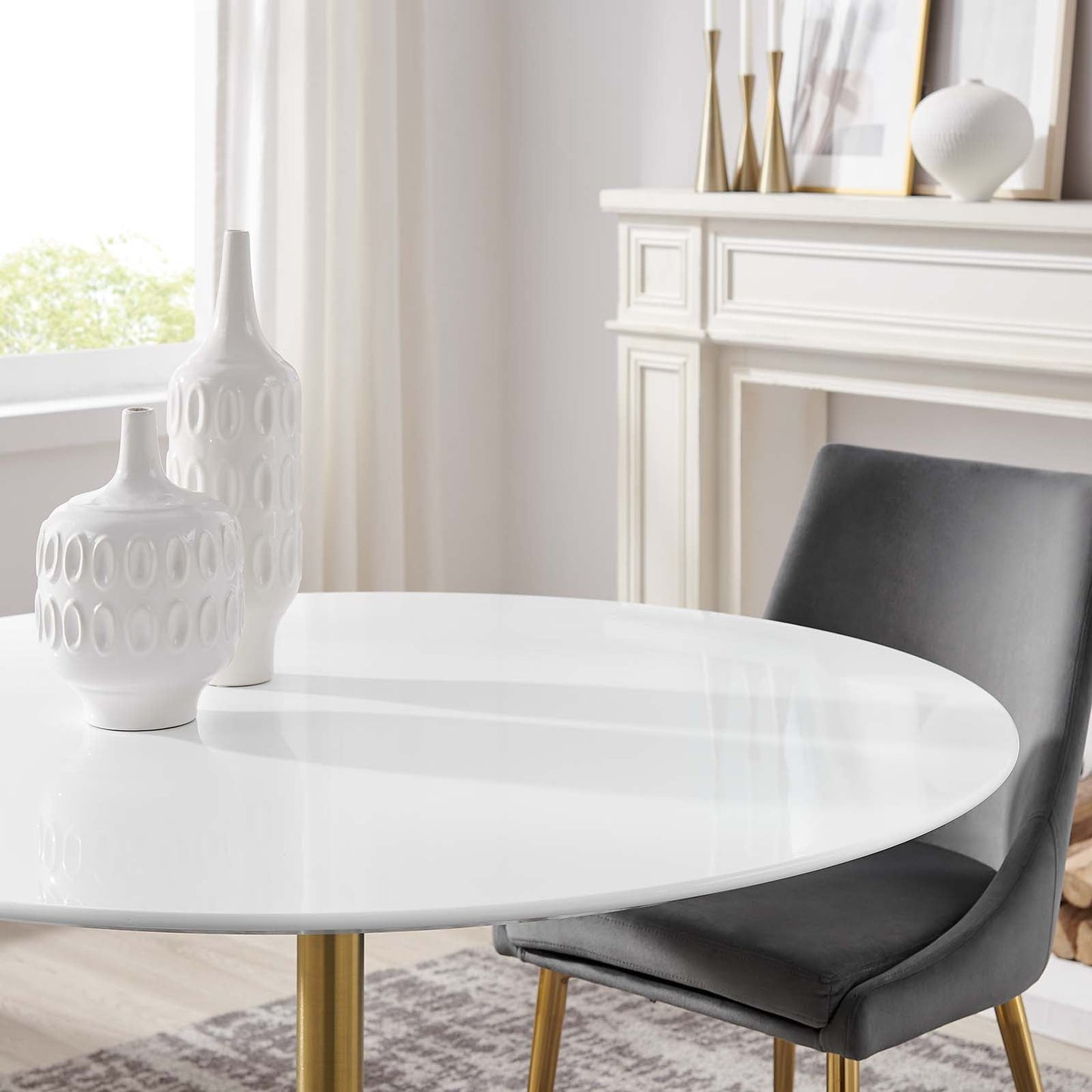 Lippa Round Dining Table with Wood and Marble Top in White