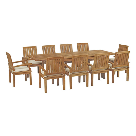 Marina 11 Piece Outdoor Patio Teak Dining Set by Modway EEI-3283-NAT-WHI-SET