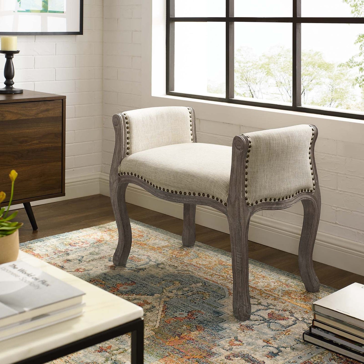 Avail Vintage French Upholstered Fabric Bench Beige EEI-3370-BEI