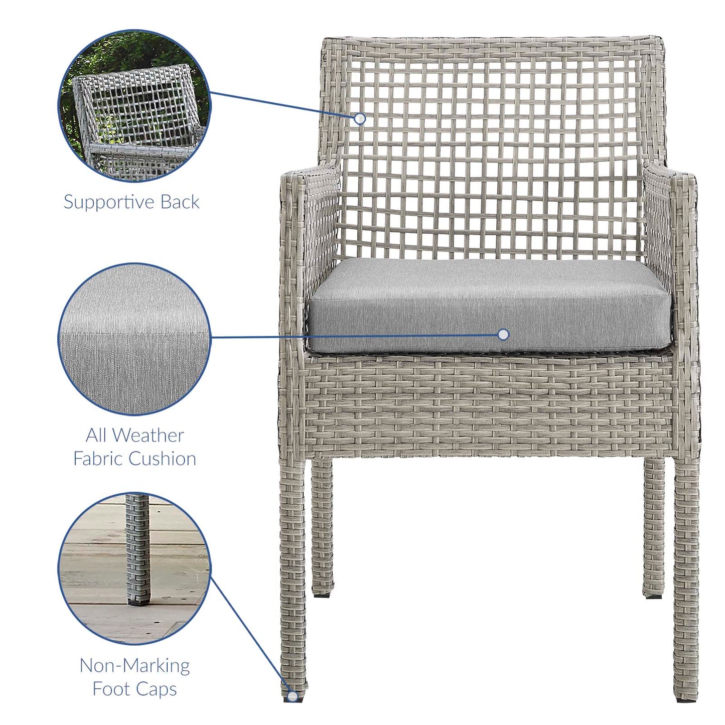 Aura Dining Armchair Outdoor Patio Wicker Rattan Set of 2 or 4 Gray