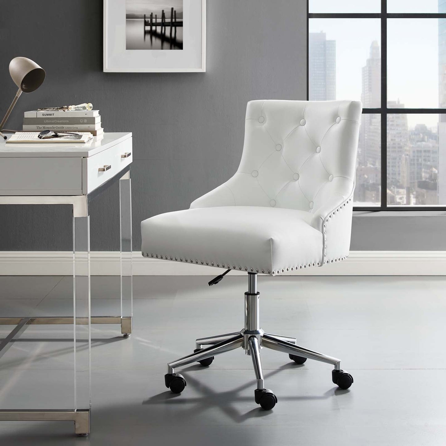 Regent Tufted Button Swivel Faux Leather Office Chair White EEI-3608-WHI
