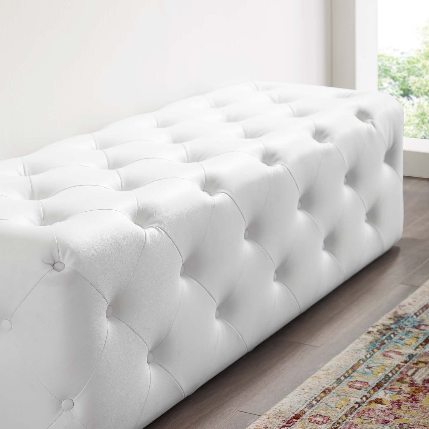 Amour 60" Tufted Button Entryway Faux Leather Bench White EEI-3769-WHI