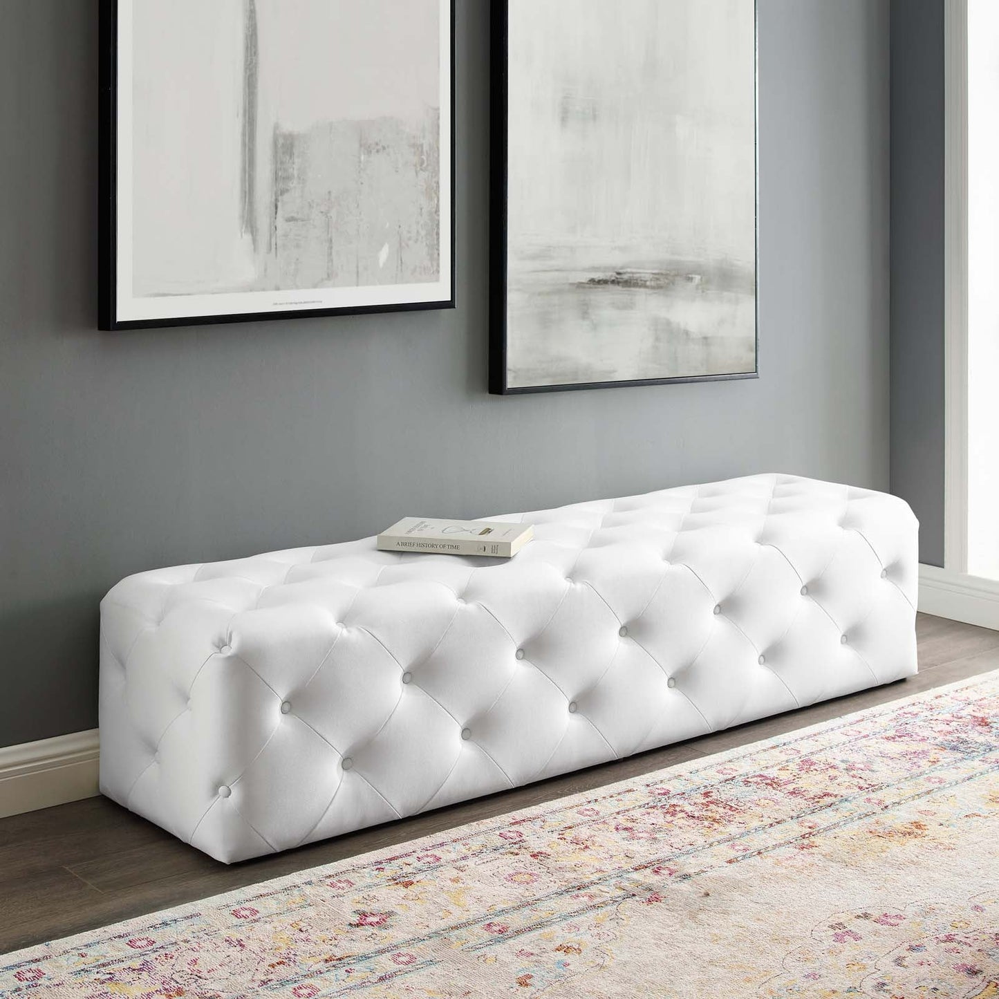 Amour 72" Tufted Button Entryway Faux Leather Bench White EEI-3771-WHI
