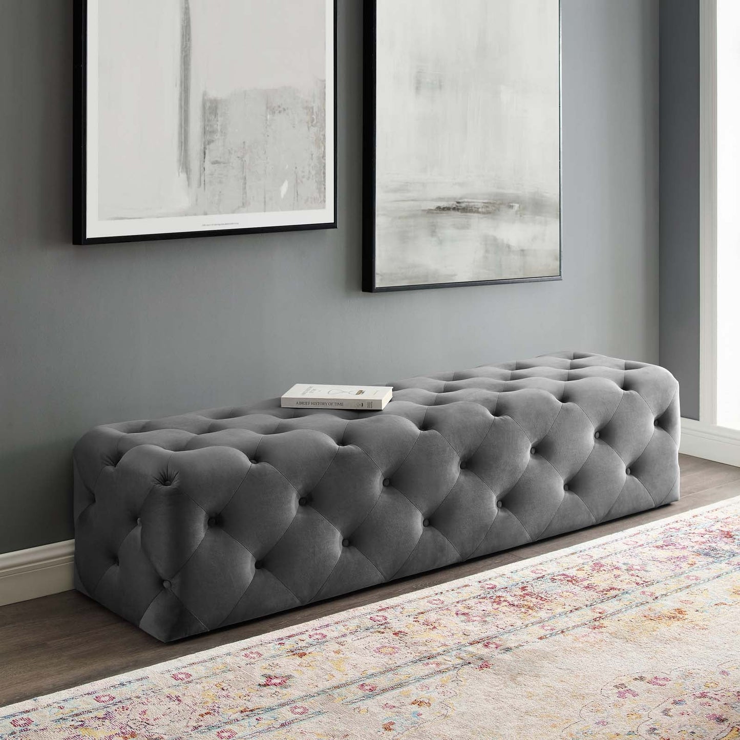 Amour 72" Tufted Button Entryway Performance Velvet Bench Gray EEI-3772-GRY