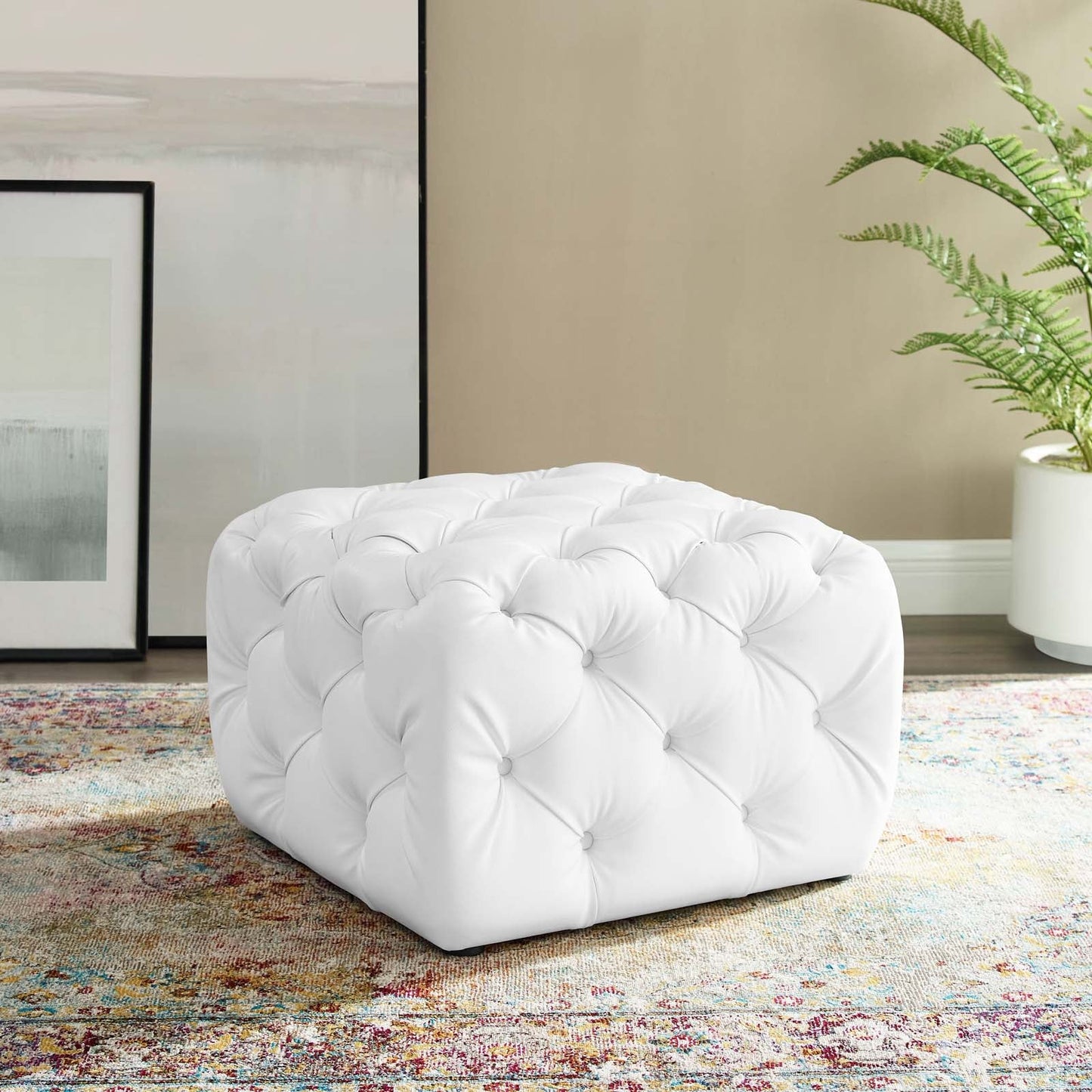 Amour Tufted Button Square Faux Leather Ottoman White EEI-3775-WHI