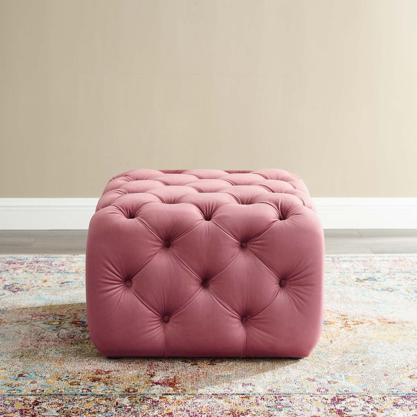 Amour Tufted Button Square Performance Velvet Ottoman Dusty Rose EEI-3776-DUS