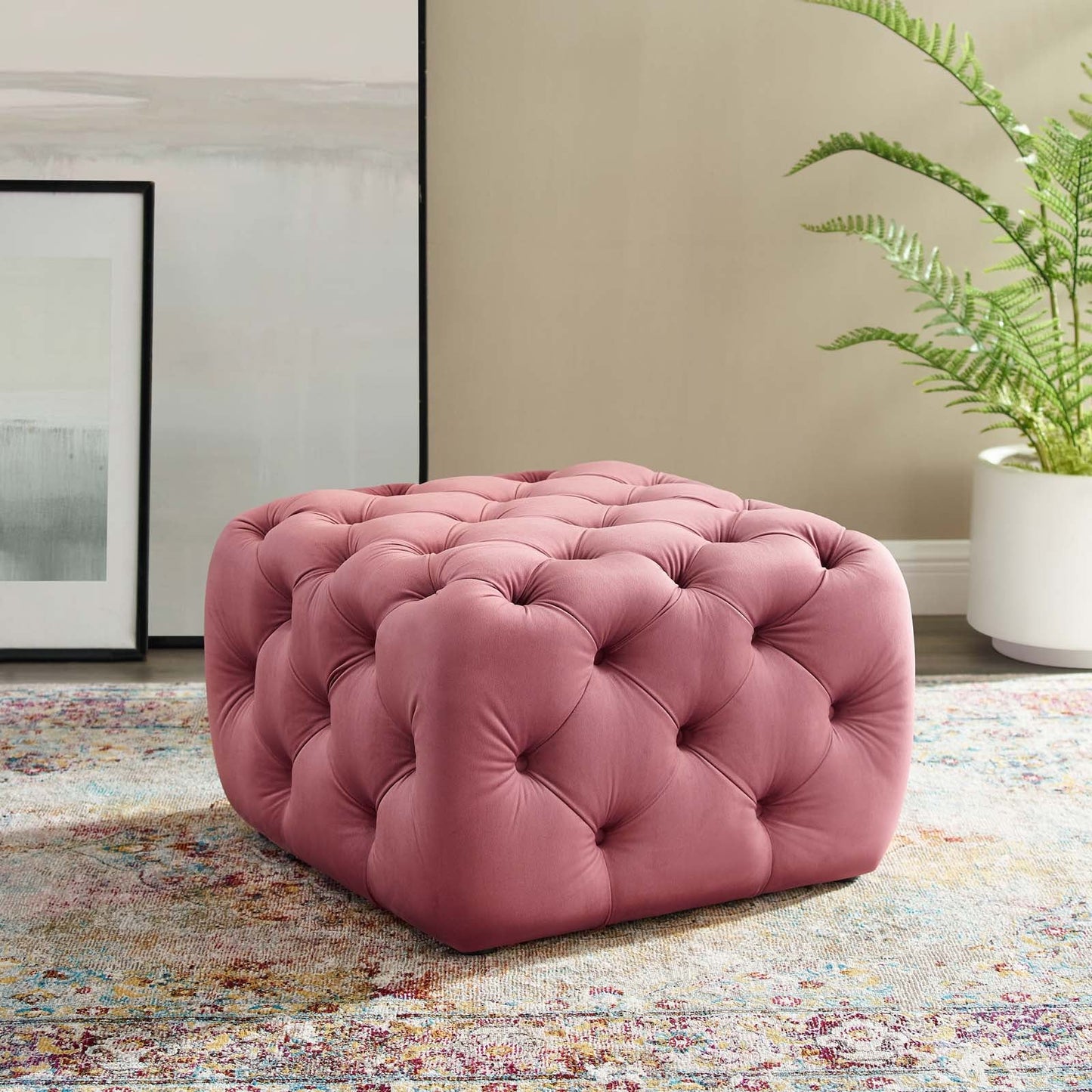 Amour Tufted Button Square Performance Velvet Ottoman Dusty Rose EEI-3776-DUS