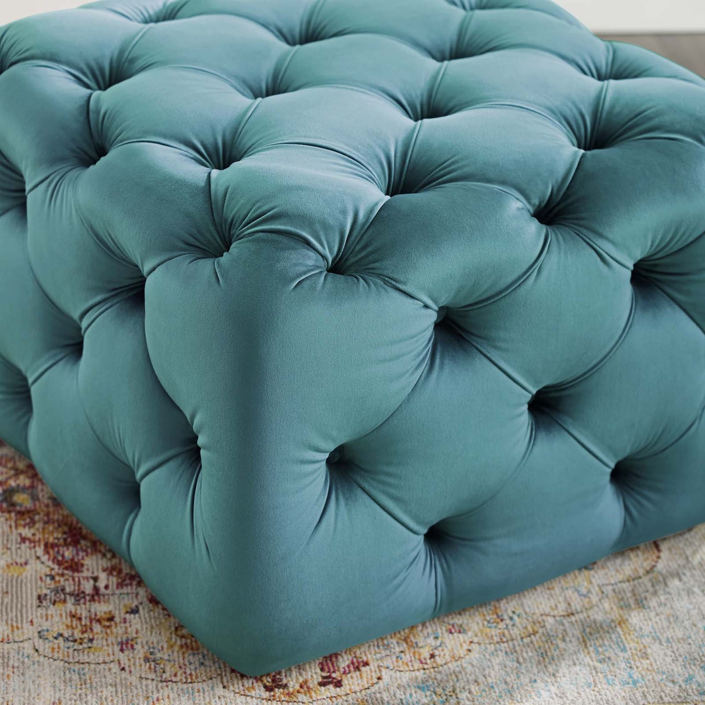 Amour Tufted Button Square Performance Velvet Ottoman Sea Blue EEI-3776-SEA