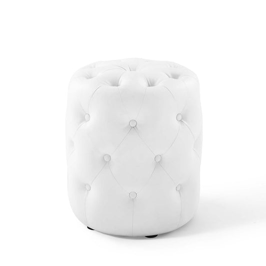 Amour Tufted Button Round Faux Leather Ottoman White EEI-3777-WHI