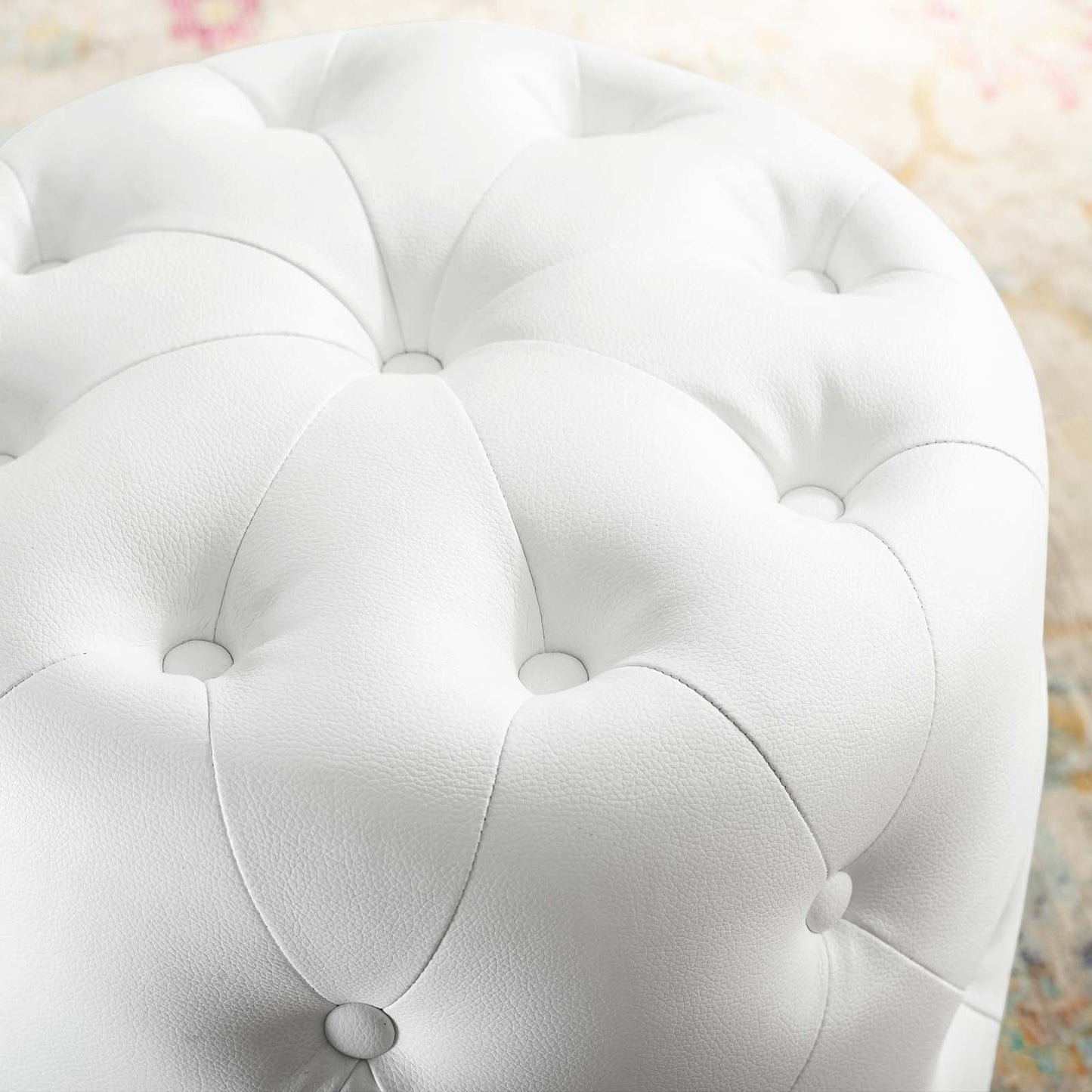 Amour Tufted Button Round Faux Leather Ottoman White EEI-3777-WHI