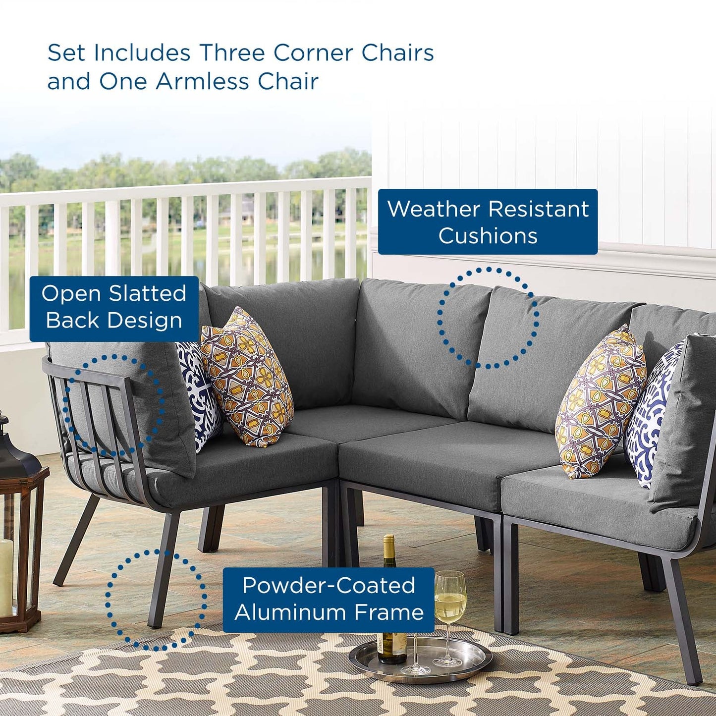 Riverside 4 Piece Outdoor Patio Aluminum Sectional Gray Charcoal EEI-3794-SLA-CHA