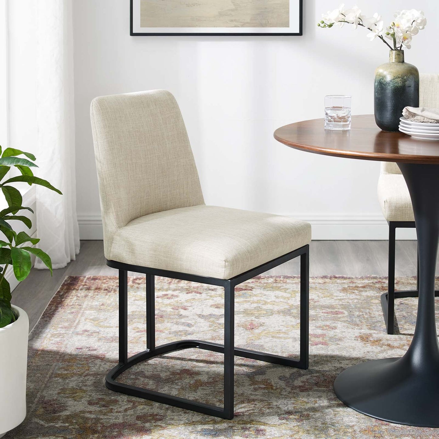 Amplify Sled Base Upholstered Fabric Dining Side Chair by Modway EEI-3811-BLK-BEI