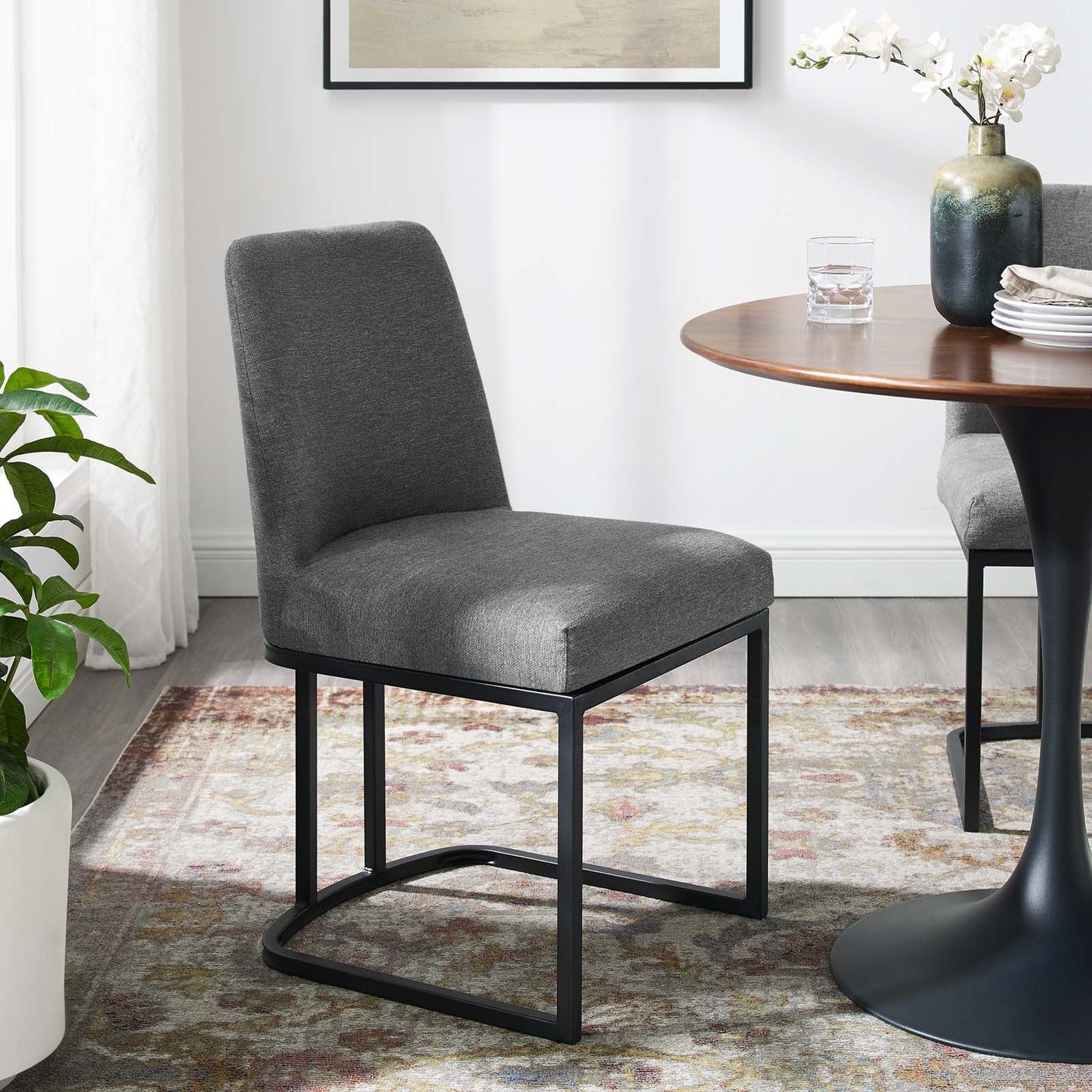 Amplify Sled Base Upholstered Fabric Dining Side Chair by Modway EEI-3811-BLK-CHA