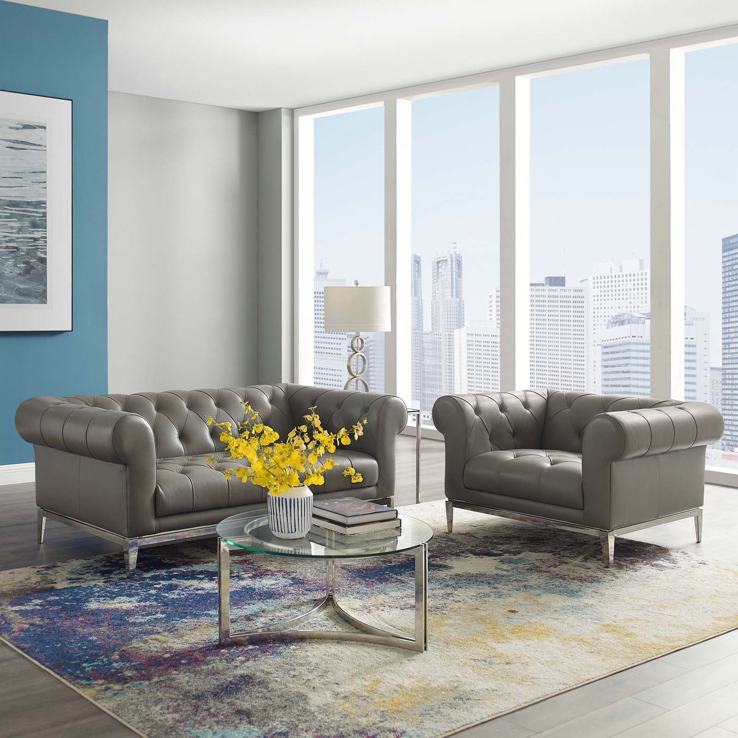 Idyll Tufted Upholstered Leather Loveseat and Armchair Gray EEI-4193-GRY-SET