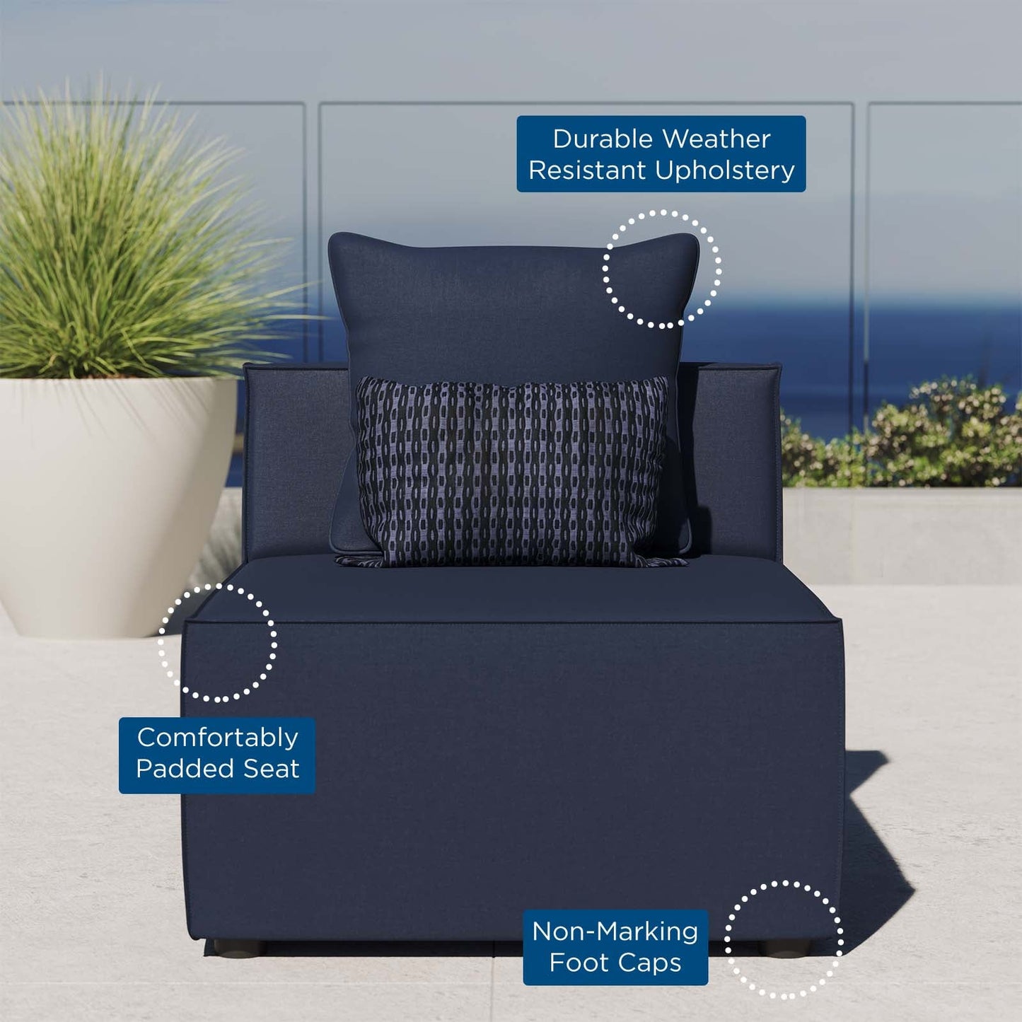 Saybrook Outdoor Patio Upholstered Sectional Sofa Armless Chair Navy Blue EEI-4209-NAV