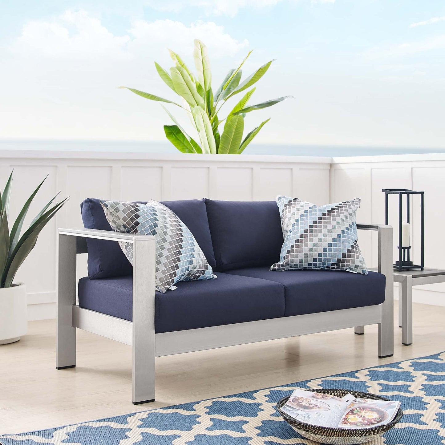 Shore Sunbrella® Fabric Aluminum Outdoor Patio Loveseat by Modway EEI-4226-SLV-NAV
